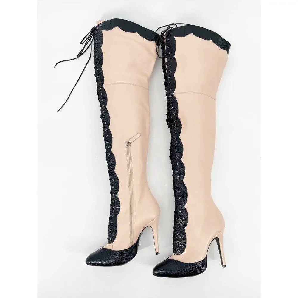 Gucci Harriet Light Rose Black Leather Lace Up Over The Knee Heeled Boots EU 38